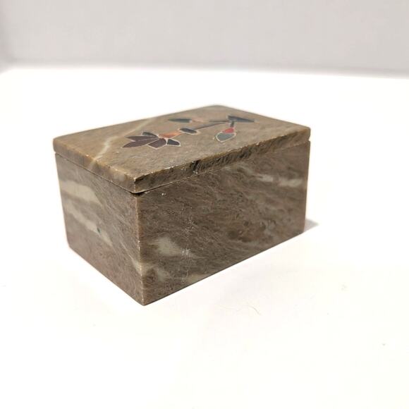 Vtg Beige Soapstone Marble Lidded Trinket Box Floral Inlay Rectangle India - Picture 4 of 16